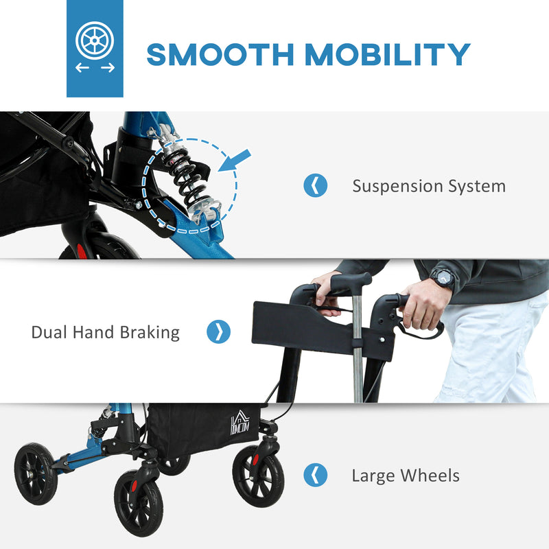 Blue Folding Rollator Walker with Seat Backrest Storage Bag and Dual Brakes by HOMCOM AOSOM