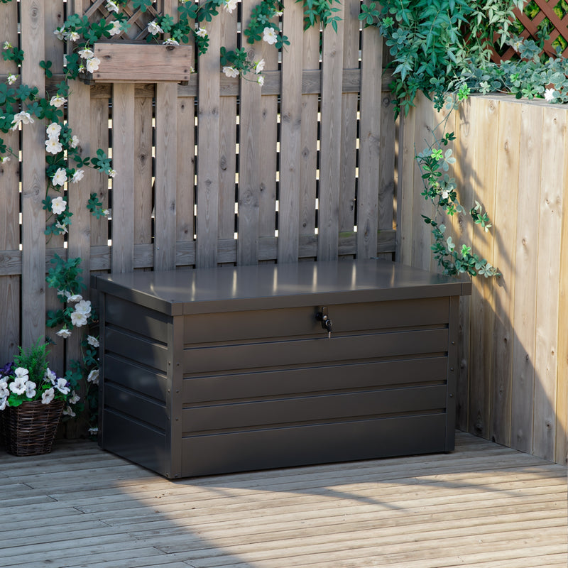 Large Metal Garden Storage Box With Lockable Lid For Patio Or Shed, 311L Capacity Dark Grey