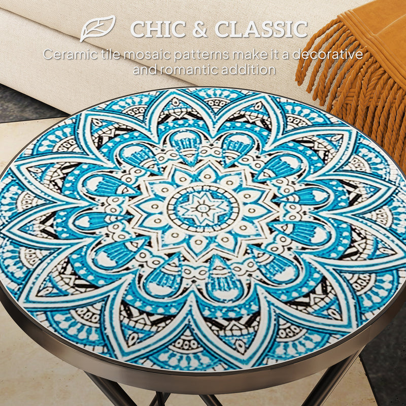 Blue Round Mosaic Garden Side Table 35.5cm Folding Metal Frame for Balcony or Patio