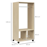 HOMCOM Open Wardrobe on Wheels, Bedroom Wardrobe with Clothes Hanging Rail, 2 Storage Shelves, Mobile Garment Rack for Cloakroom, Hallway, Natural AOSOM
