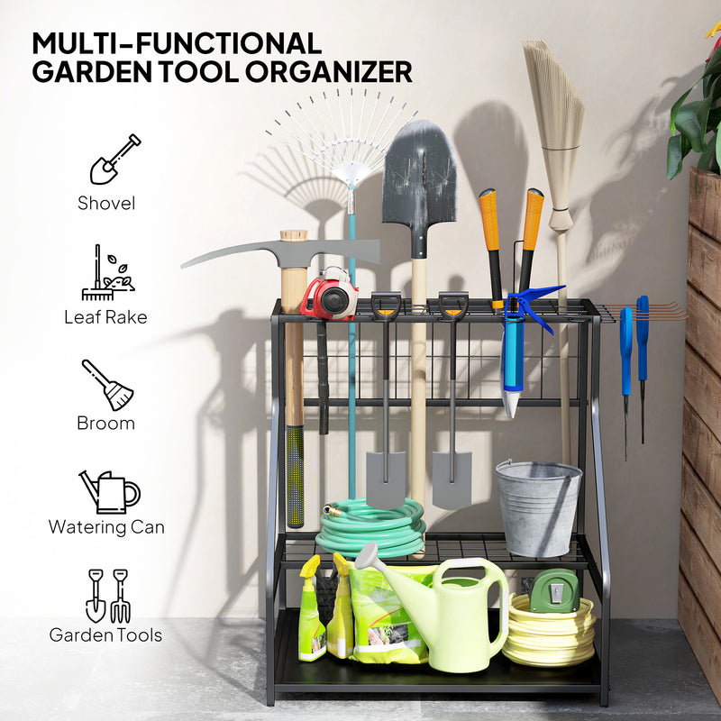 Garden Tool Storage Rack for Sheds and Garages with Hooks and Adjustable Feet Black