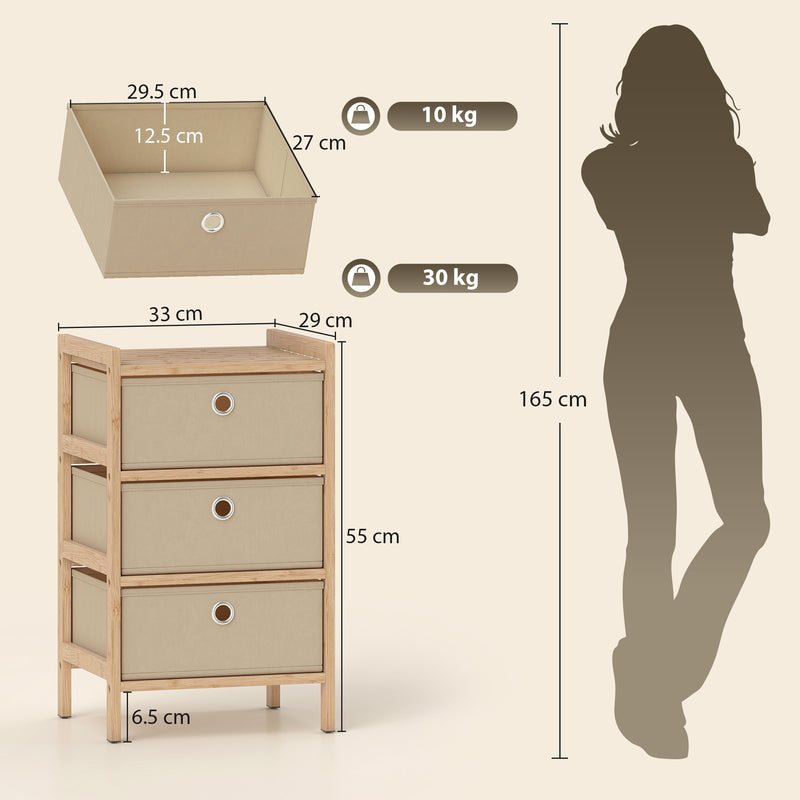 Slim Chest of Drawers for Small Bedroom Storage with Bamboo Frame and Fabric Drawers Natural AOSOM