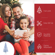 Family taking a photo with icons for full look, easy set up, durable material and flame retardant