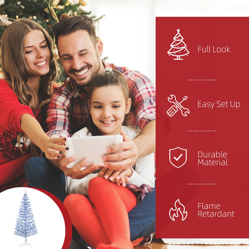 Family taking a photo with icons for full look, easy set up, durable material and flame retardant