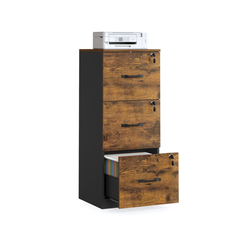 Vasagle 3-drawer file cabinet in Rustic Brown and Ink Black with printer on top