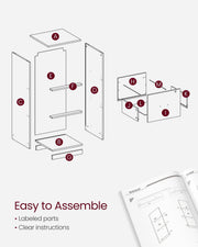 Exploded assembly diagram showing labelled parts and the printed instruction booklet