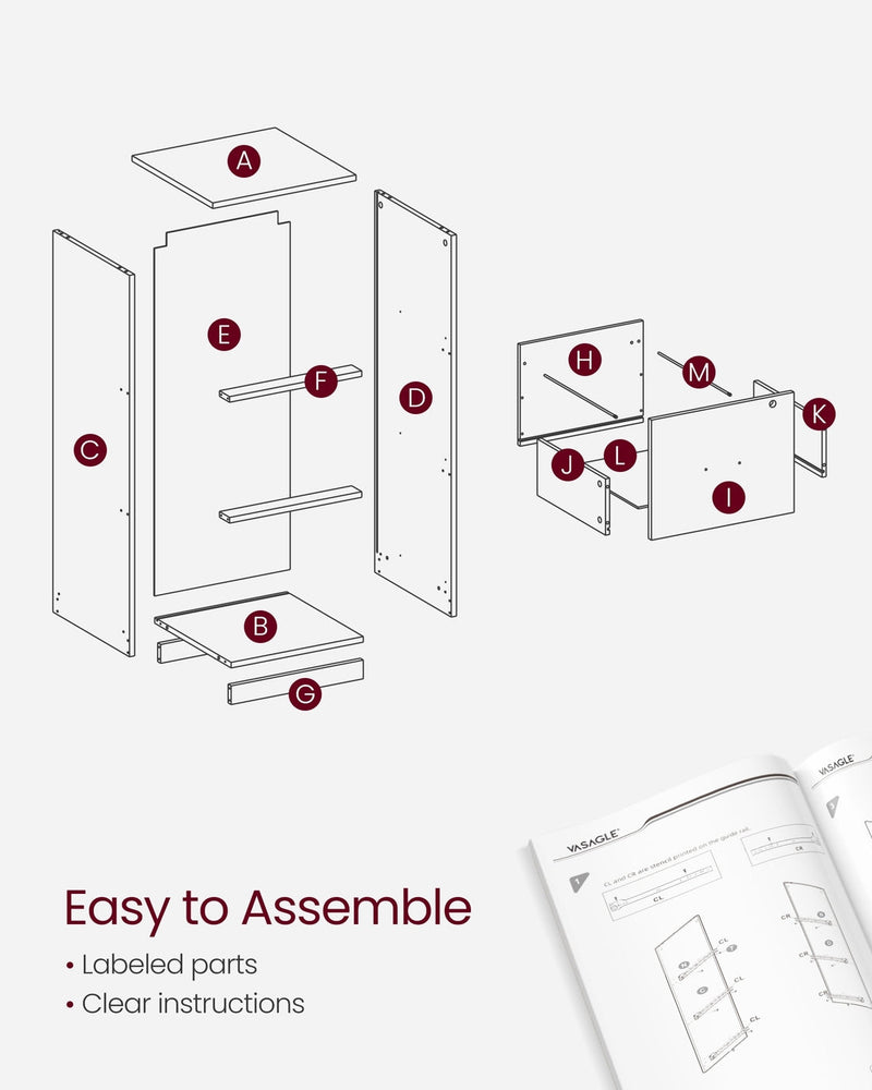 Exploded assembly diagram showing labelled parts and the printed instruction booklet
