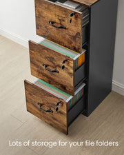 Three open lockable drawers of the file cabinet filled with hanging file folders