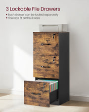 Close-up of the 3 lockable file cabinet drawers each with their own key
