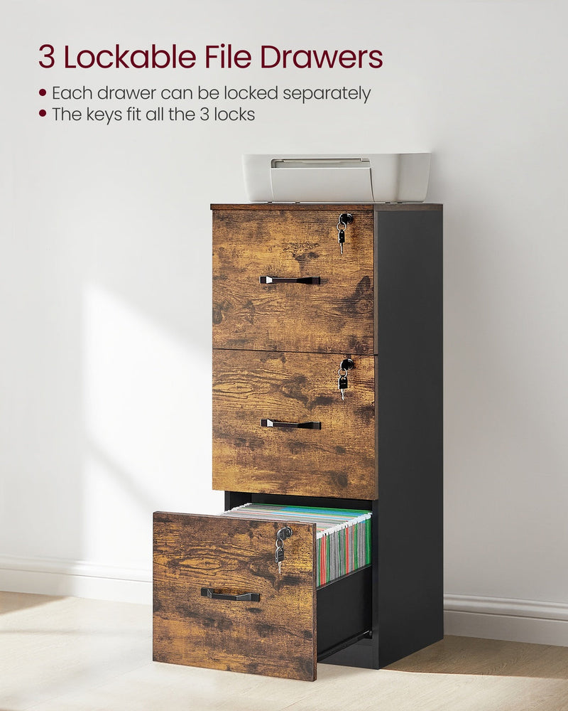 Close-up of the 3 lockable file cabinet drawers each with their own key