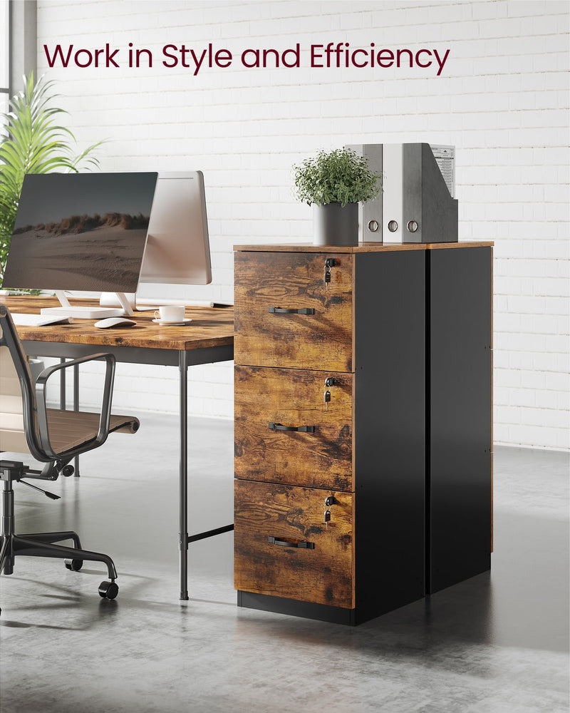 File cabinet used as a printer stand beside a desk in a home office setting