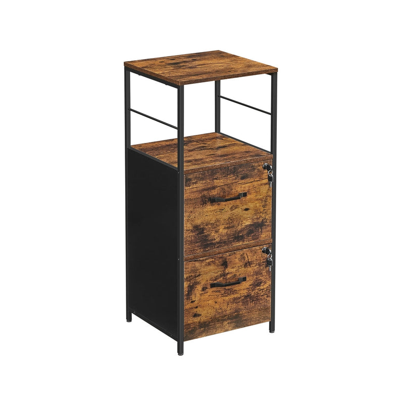 Rustic Brown and Black filing cabinet with two lockable drawers and an open shelf on a plain background