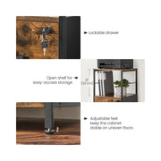 Close-up panels showing the drawer lock and key, the 33 cm open shelf and the adjustable feet