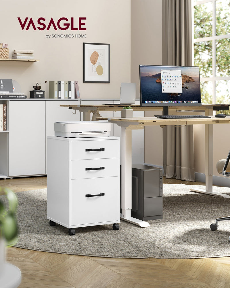 Lifestyle photo of the filing cabinet parked under a home office desk