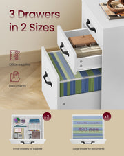 Open drawers showing 2 small drawers for supplies and 1 large hanging-file drawer holding up to 130 files