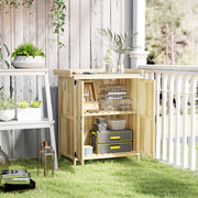 Wooden garden storage shed on a patio with both doors open showing jars and boxes inside
