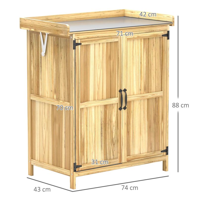 Dimension diagram showing the wooden garden shed at 74 cm wide, 43 cm deep and 88 cm high