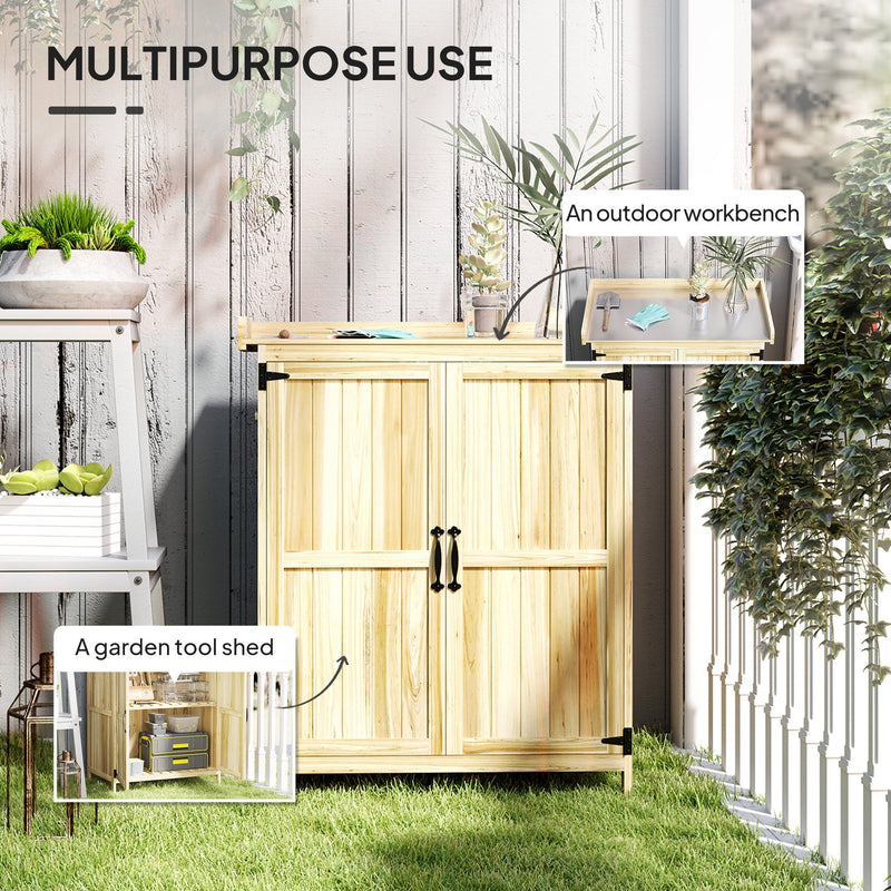 Multipurpose use panel showing the shed as an outdoor workbench and as a garden tool store