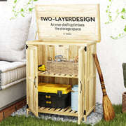 Two layer design with the lid raised and doors open showing the inner shelf and slatted base