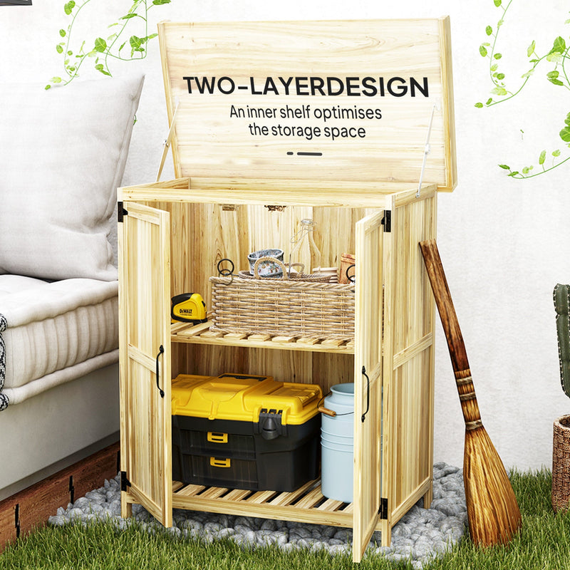 Two layer design with the lid raised and doors open showing the inner shelf and slatted base
