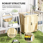 Robust structure panel highlighting the stainless steel top, varnished wood frame and slatted bottom