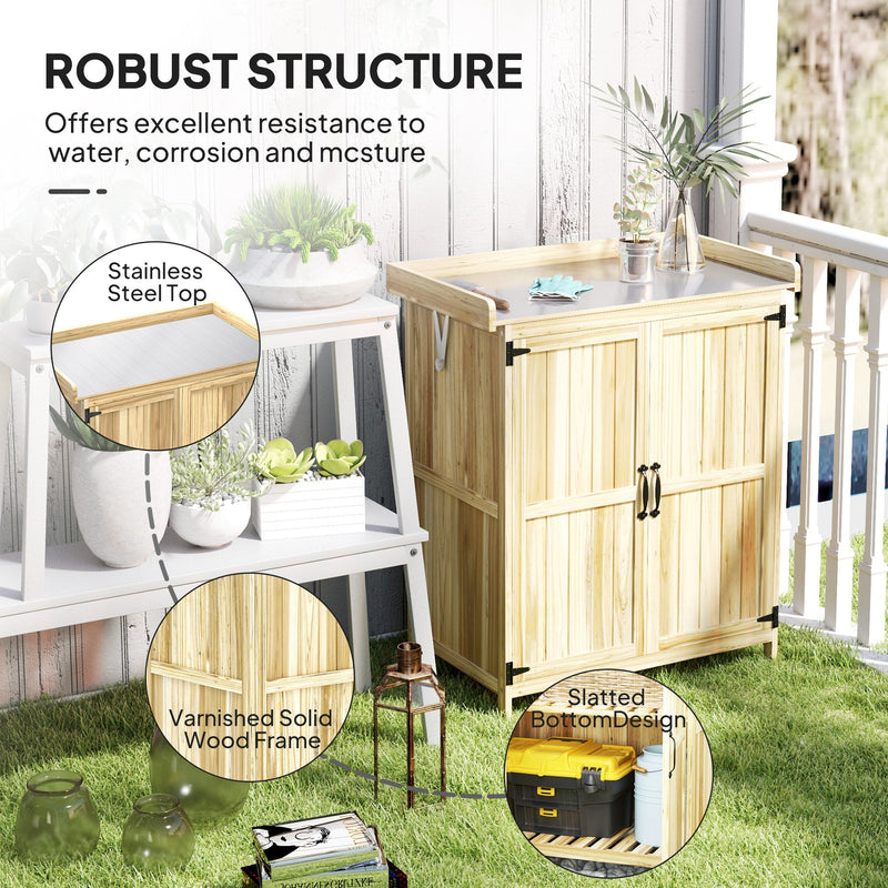 Robust structure panel highlighting the stainless steel top, varnished wood frame and slatted bottom