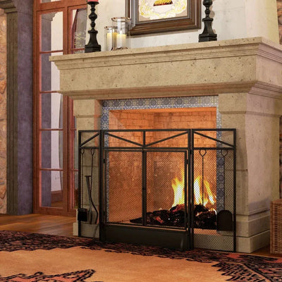 Front Opening Fire Guard Screen With Tools, 122x77cm Homcom