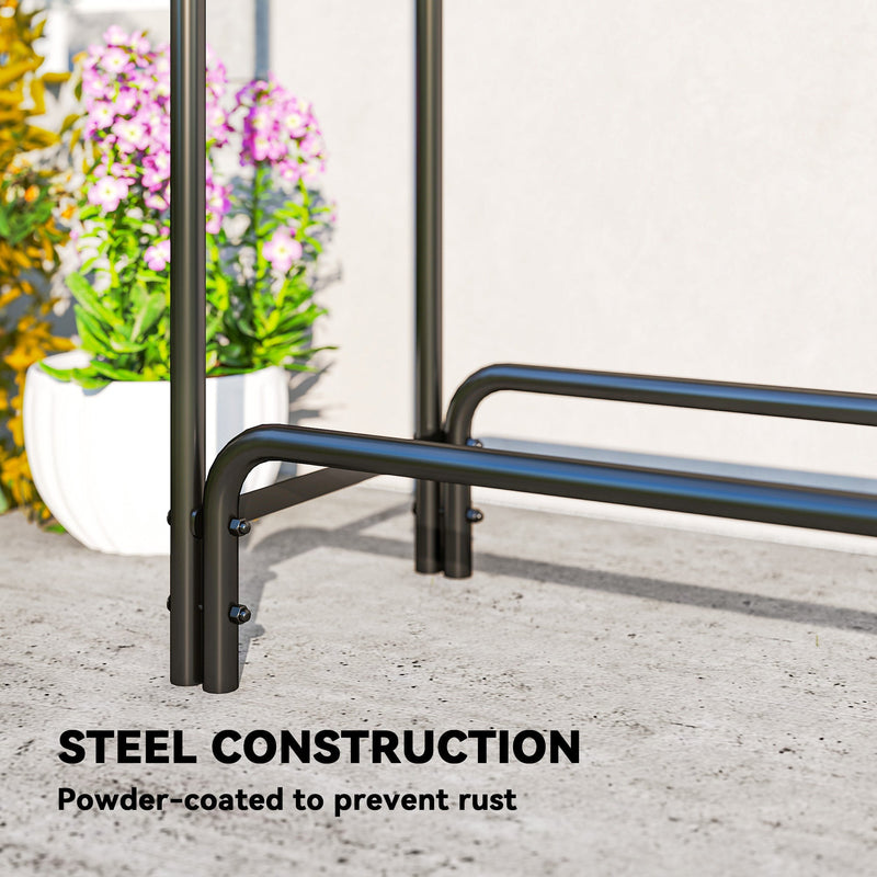 Close-up of the powder-coated steel joint construction on the firewood rack
