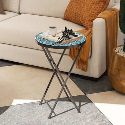 Blue Round Mosaic Garden Side Table 35.5cm Folding Metal Frame for Balcony or Patio