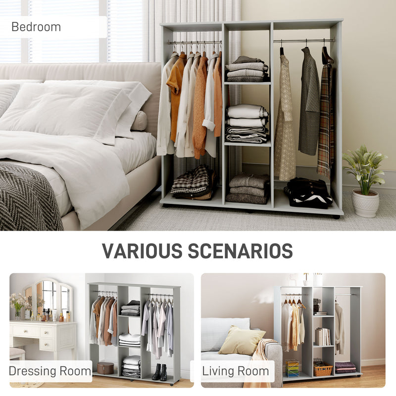 Grey Double Open Wardrobe with Mobile Storage Shelves and 6 Wheels by HOMCOM