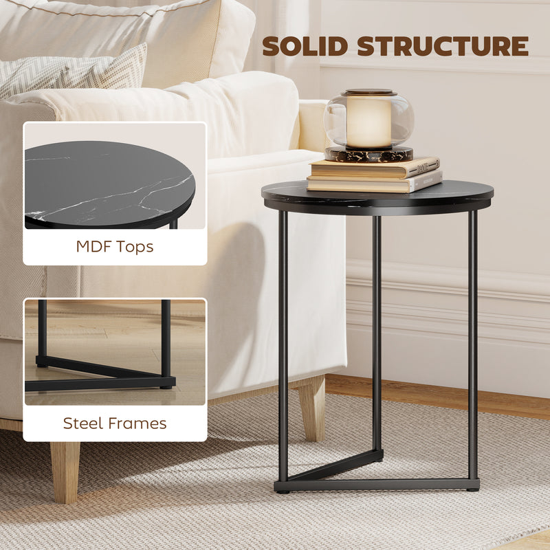 Round Coffee Tables, Nesting Tables Set For Living Room - Black Marble Effect Tops Space Saving Design