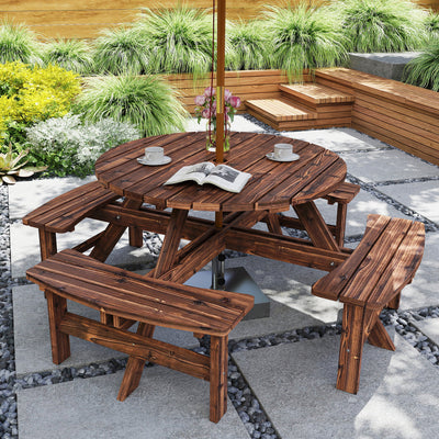 Wooden Garden Dining Set for 8 with Round Table and Benches Parasol Hole, Carbonised Wood Outsunny