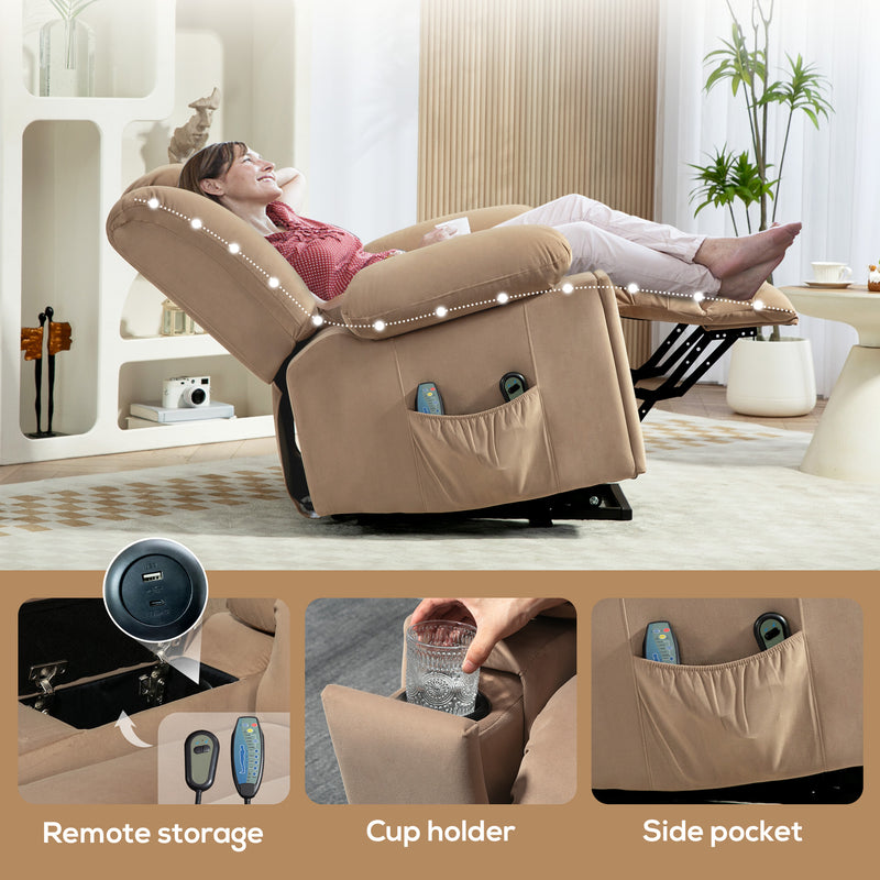 Light Brown Velvet Electric Riser Recliner Armchair With Massage Function by HOMCOM