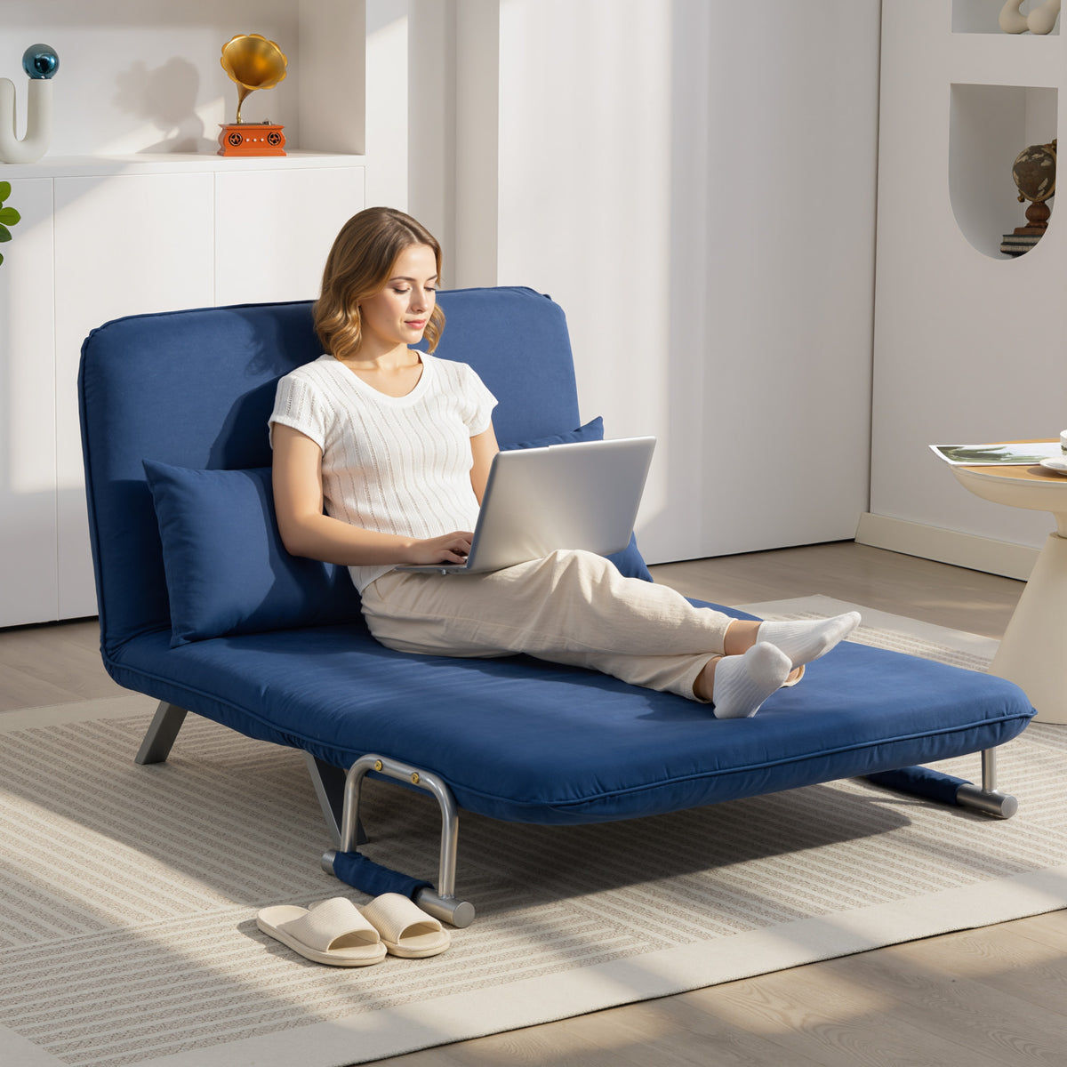 Buy 2 Seater Click Clack Futon Sofa Bed With Backrest In Dark Blue ...