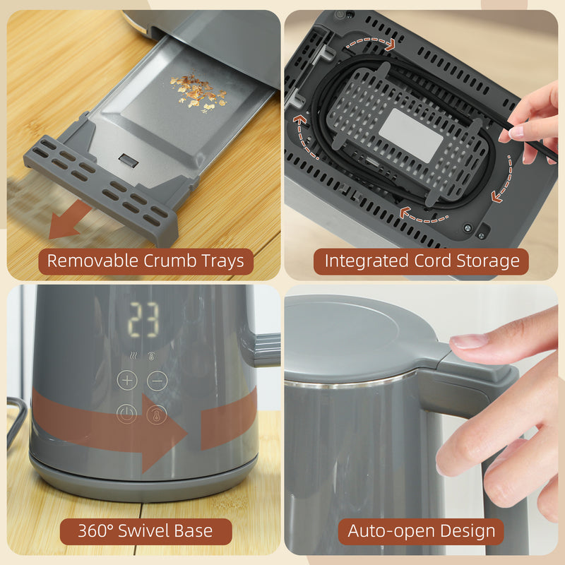 Grey Digital Kettle and 2 Slice Toaster Set with Fast Boil and LED Touch Controls