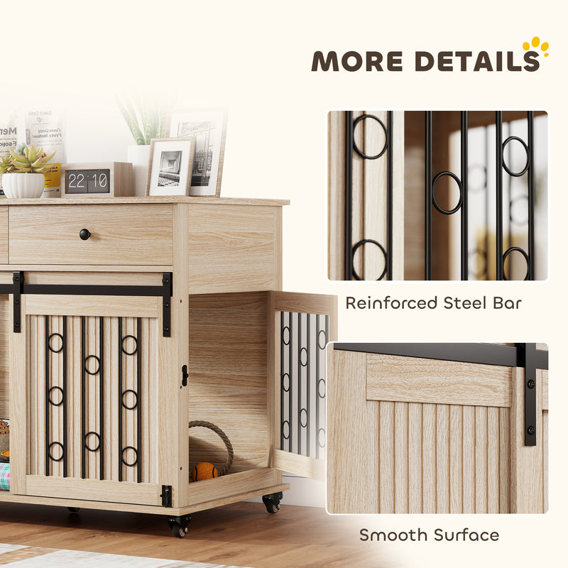 Dog Crate Furniture With Sliding Door and Storage Drawers on Wheels for Medium Large Dogs Oak