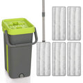 Dark grey and green flat mop and bucket with five microfibre pads laid out on white