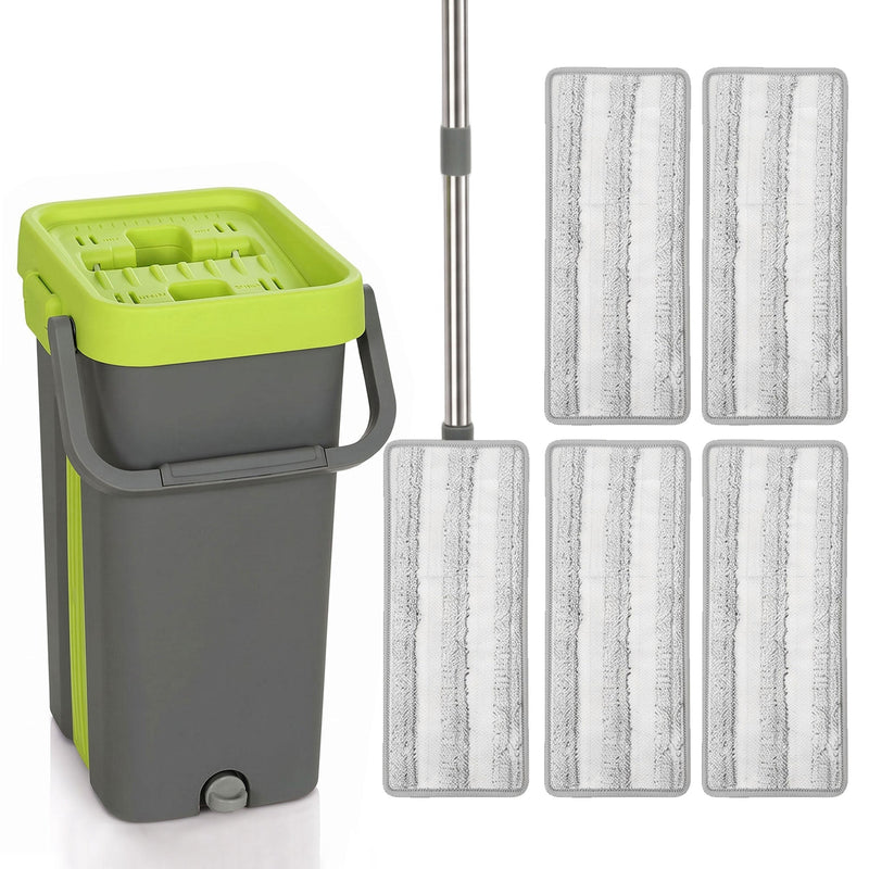 Dark grey and green flat mop and bucket with five microfibre pads laid out on white