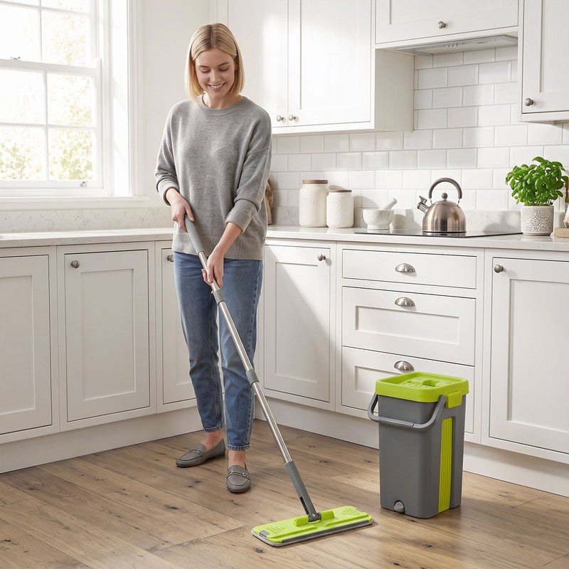Woman mopping a kitchen floor with the flat mop, bucket standing nearby