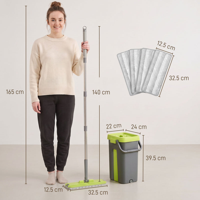 Dimensions diagram showing 140 cm handle, bucket size and 32.5 x 12.5 cm mop pad