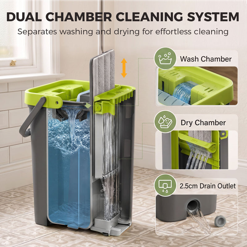 Cutaway of the 2-chamber bucket showing wash chamber, dry chamber and 2.5 cm drain outlet