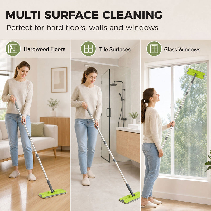 Three scenes of the mop cleaning hardwood floors, bathroom tiles and a glass window