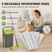 Five reusable microfibre pads with the mop and bucket beside a woman and her dog