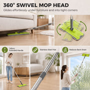 360 degree swivel mop head gliding under a sofa with handle and pole close-ups