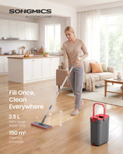 Woman mopping a wood floor using the flat mop and bucket set