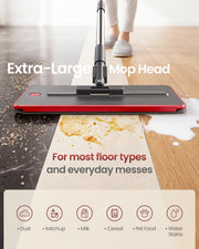 Extra-large mop head cleaning spilled liquid and dust from a floor
