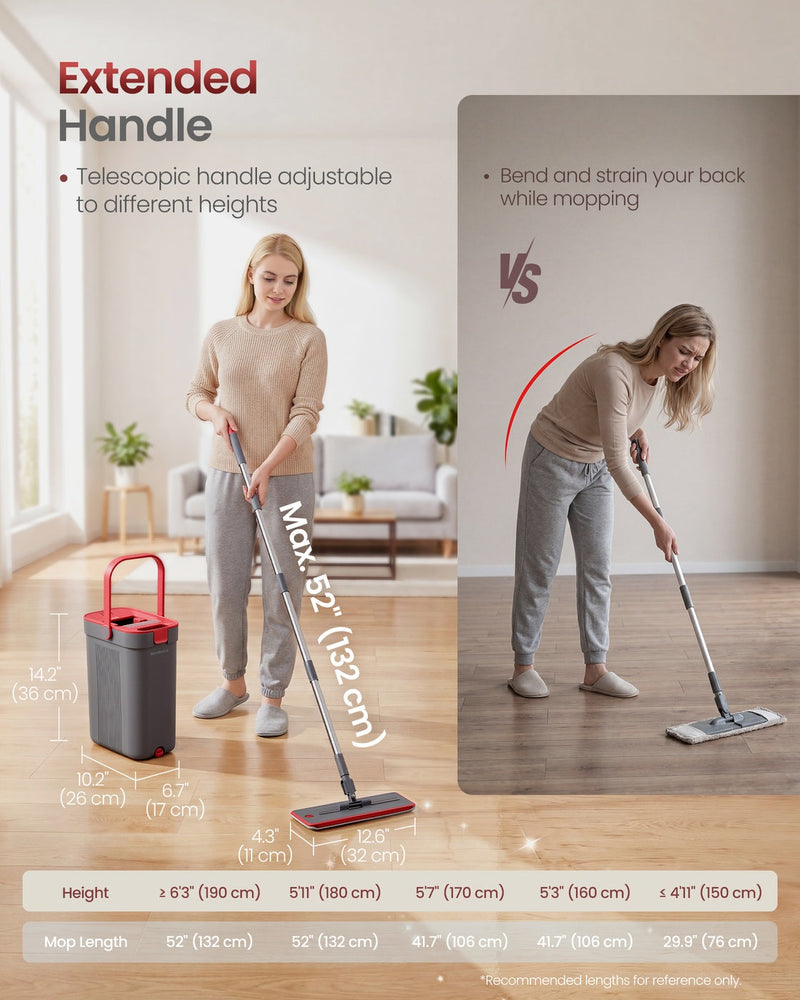 Dimension diagram showing the bucket size and the handle extended to 132 cm