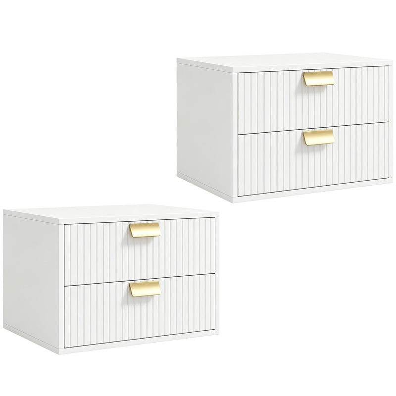 Set of 2 white floating bedside tables with fluted drawer fronts and gold handles
