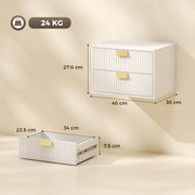 Dimensions diagram for the white unit showing 40 x 30 x 27.6 cm and drawer sizes