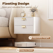 Floating design graphic with a robot vacuum passing under the white bedside table